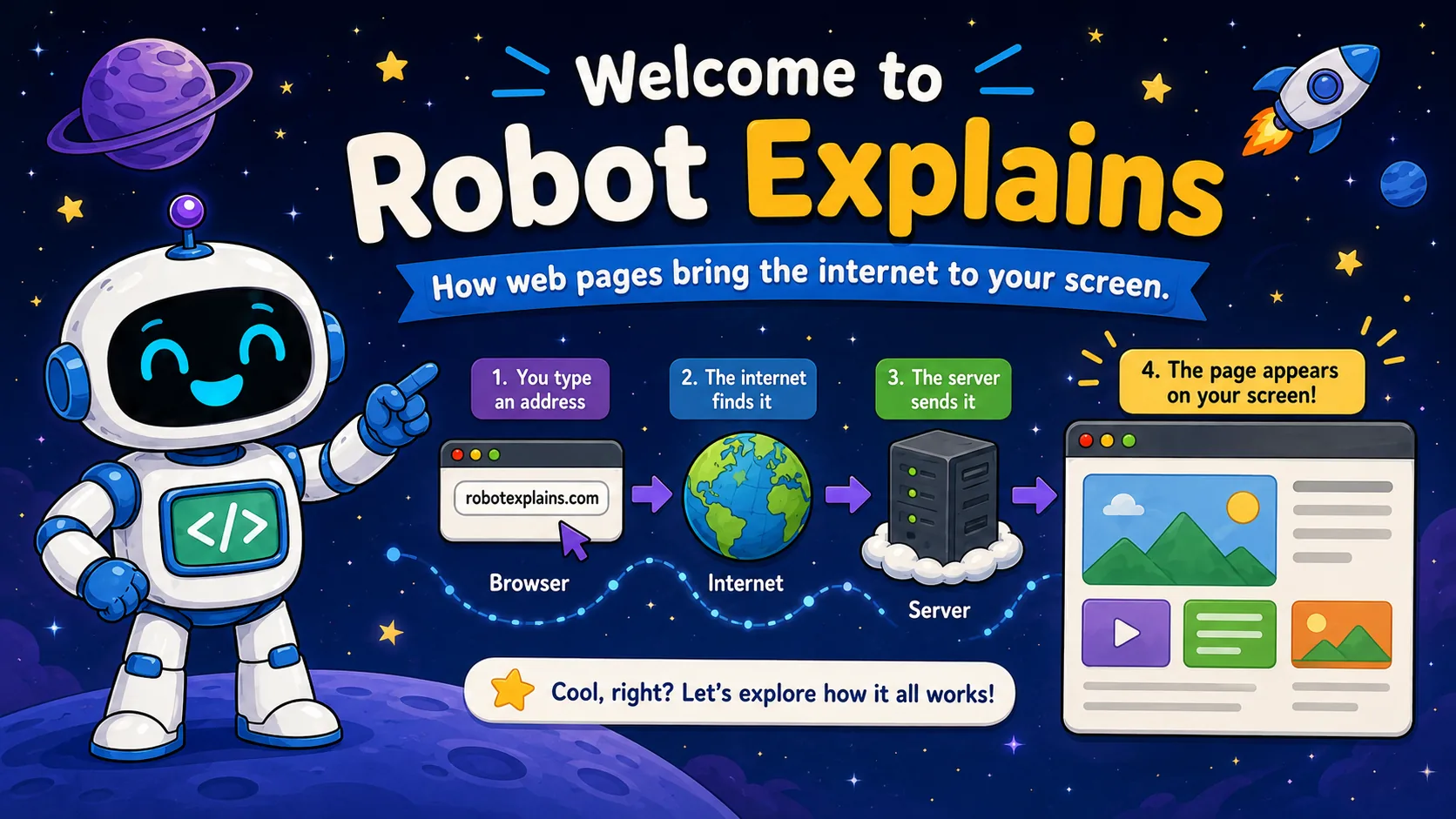 Welcome to Robot Explains — a robot shows how web pages bring the internet to your screen: you type an address, the internet finds it, the server sends it, the page appears.