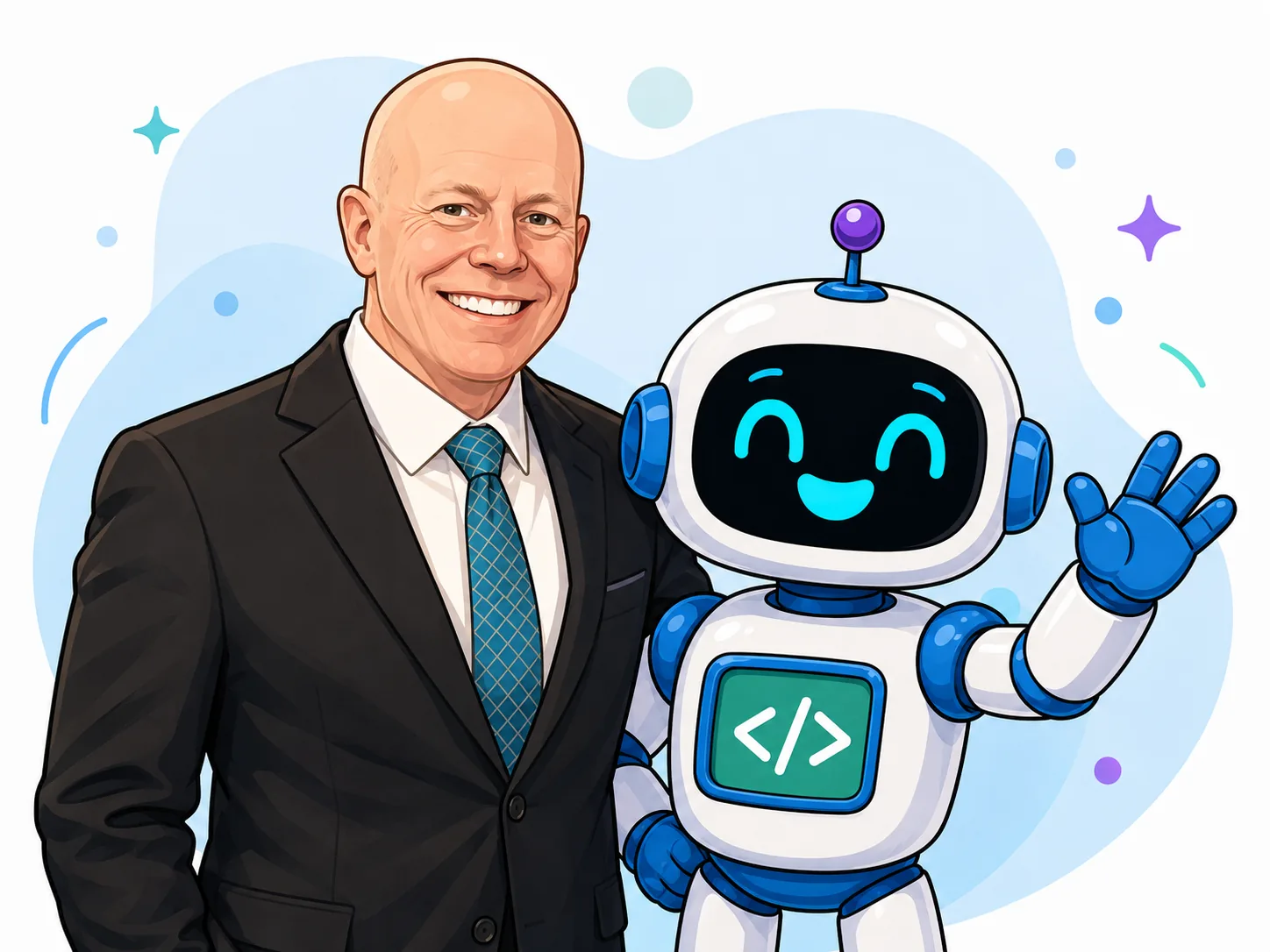 Larry Peseckis smiling next to the Robot Explains mascot