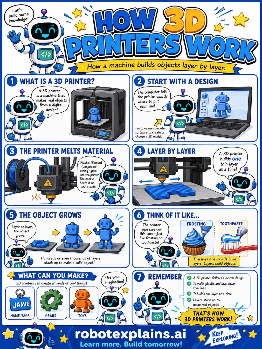Infographic: How 3D Printers Work. It shows a printer building an object layer by layer from melted material.