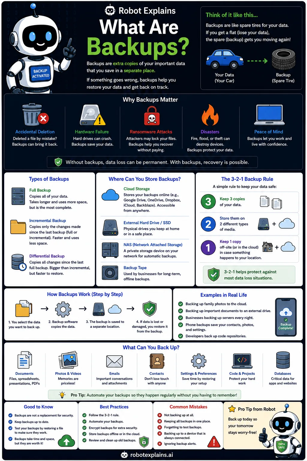 Infographic: What Are Backups?. Spare copies of your files, in case something goes wrong.