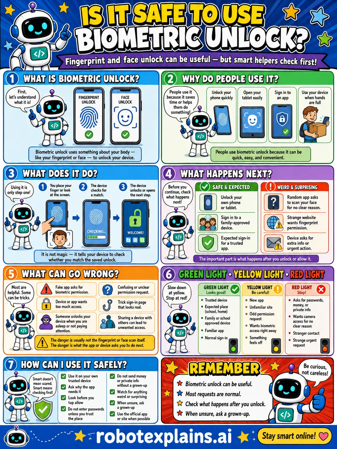 Infographic: Is It Safe to Use Biometric Unlock? It shows fingerprint and face unlock with a backup passcode.