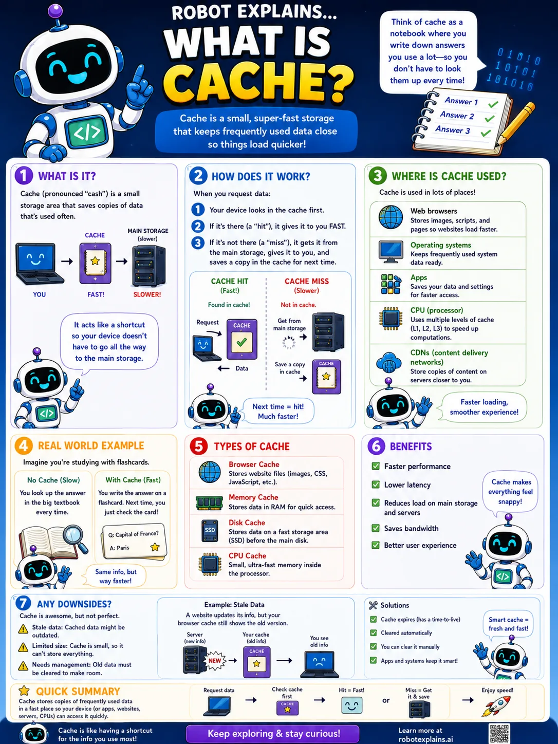 Infographic: What Is Cache?. Small, super-fast storage that keeps used data close so things load faster.