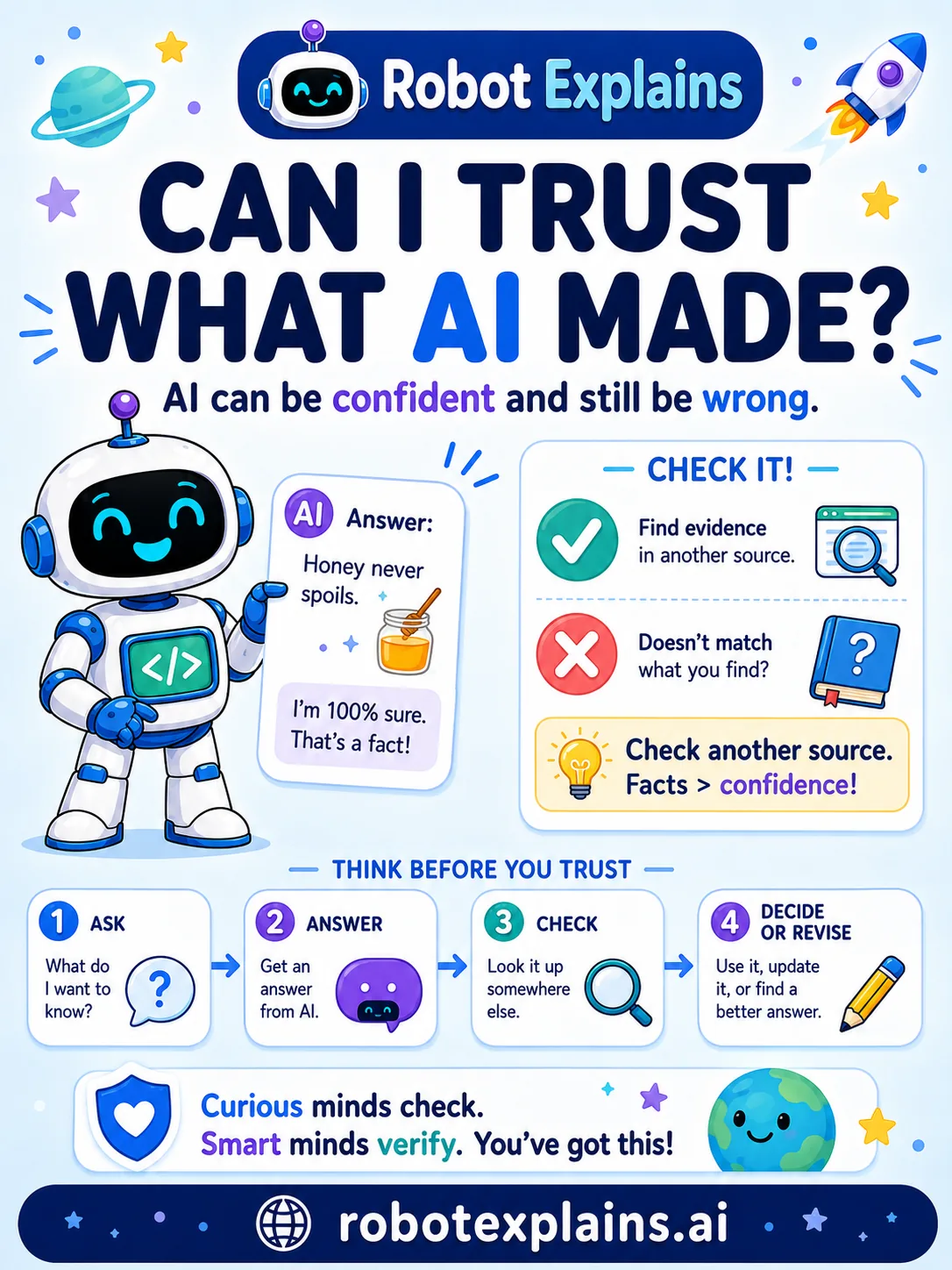 Infographic: Can I Trust What AI Made? A robot holds a confident AI answer, with a check-mark and an X, pointing to the step Check another source.