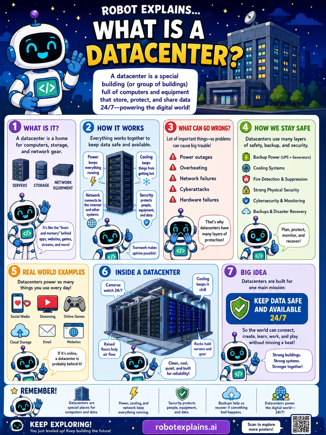 Infographic: What Is a Data Center?. A special building full of computers that store and share data 24/7.