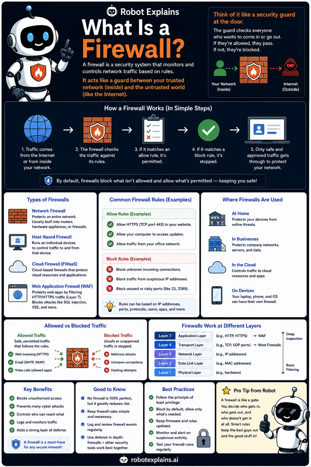 Infographic: What Is a Firewall?. A guard that decides what traffic is allowed in or out.