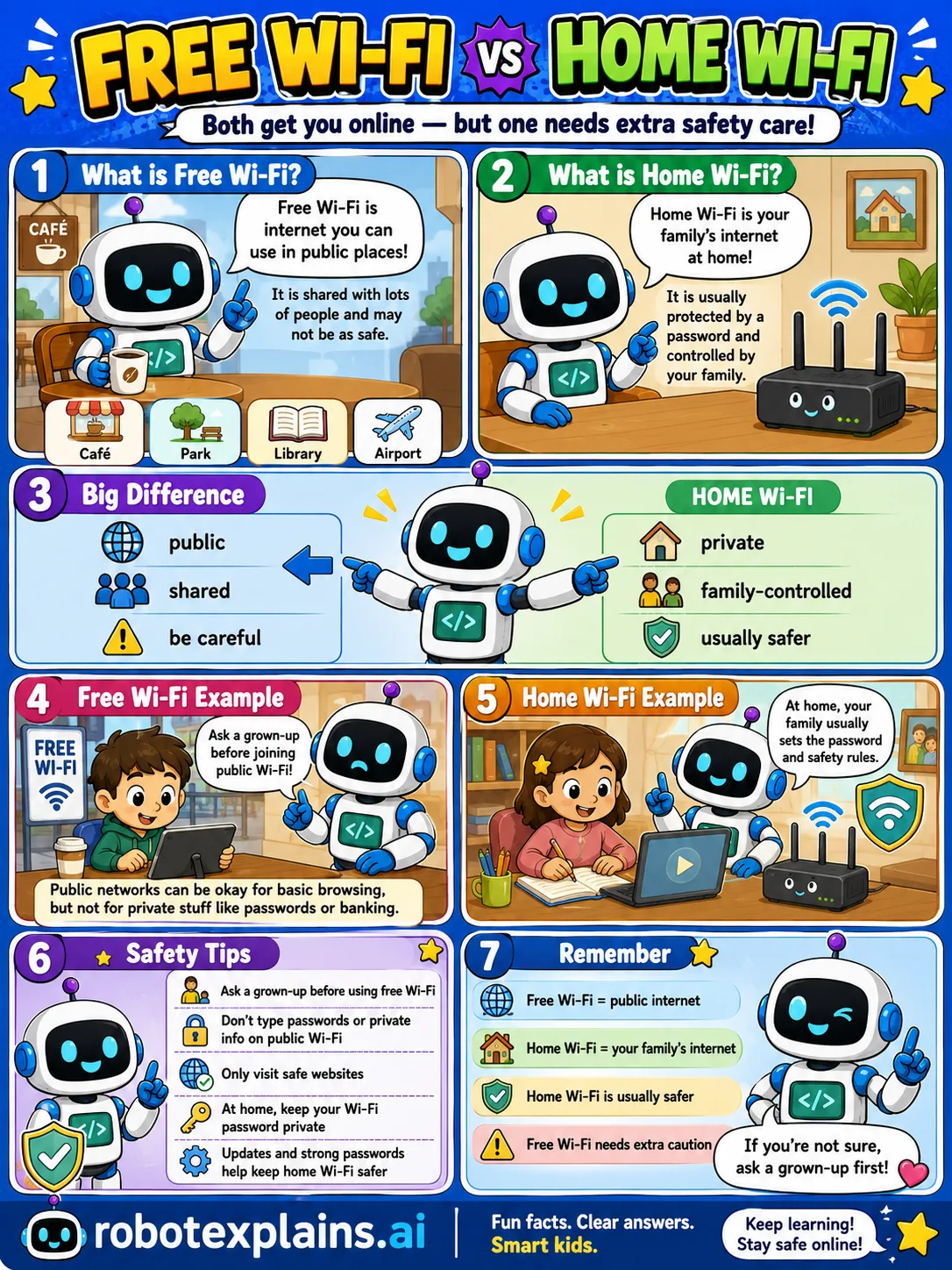 Infographic: Free Wi-Fi vs Home Wi-Fi. Shared public internet versus private, family-controlled, usually-safer Wi-Fi.