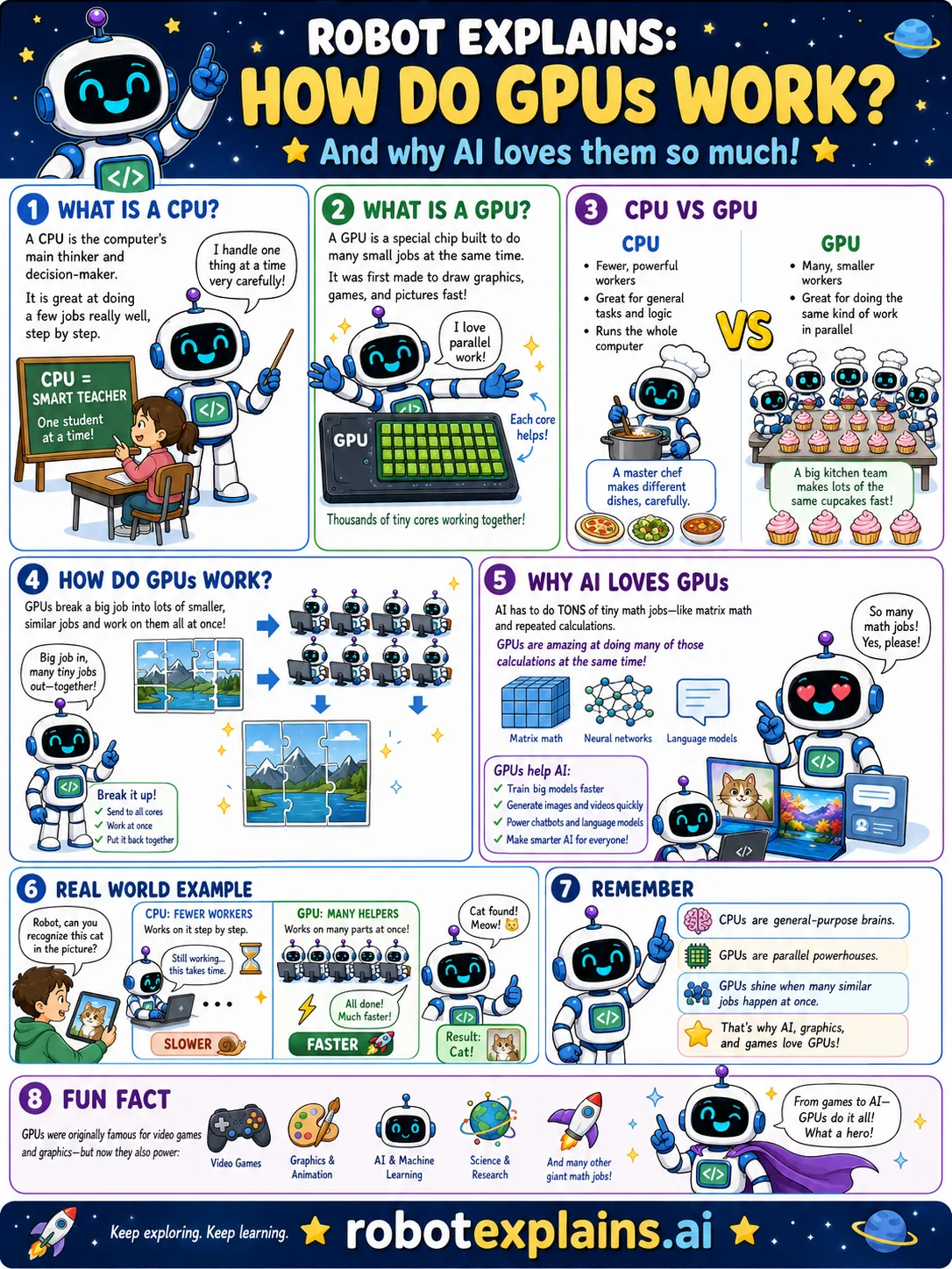 Infographic: How Do GPUs Work?. Many small workers doing math at once, and why AI loves them.