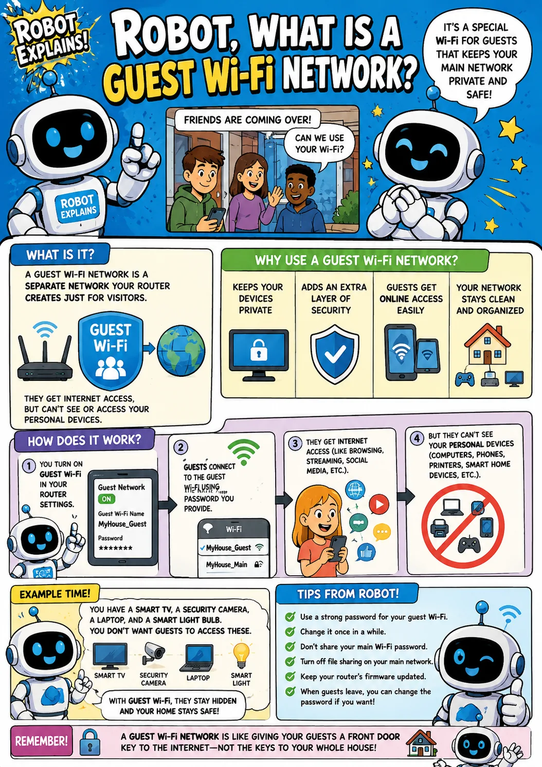 Infographic: What Is a Guest Wi-Fi Network?. A separate Wi-Fi for visitors that keeps your main network private.