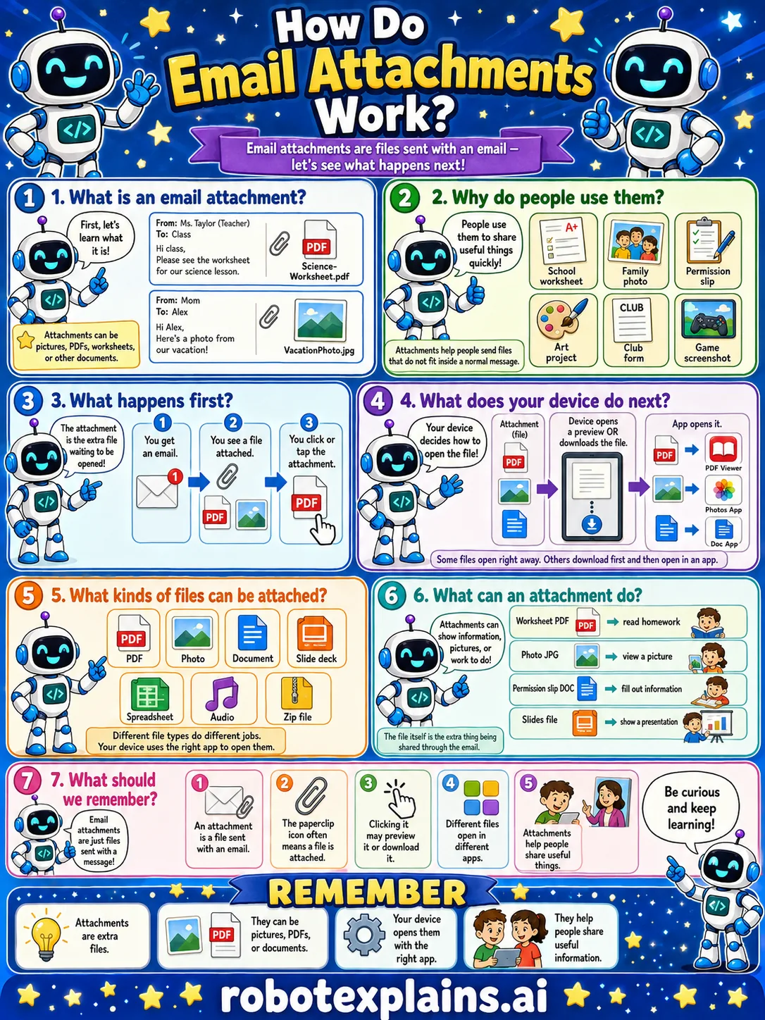 Infographic: How Do Email Attachments Work? It shows a file sent with an email and opened by the right app.
