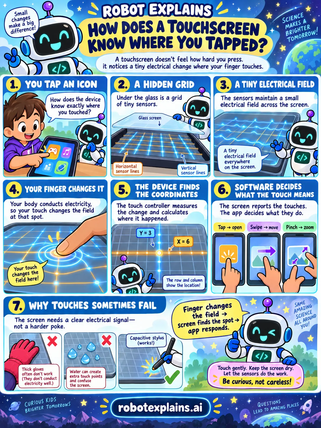 Infographic: How Does a Touchscreen Know Where You Tapped? A grid of tiny sensors under the glass holds a small electrical field; your finger changes the field where you touch, the device finds the coordinates, and the app decides what the touch means.