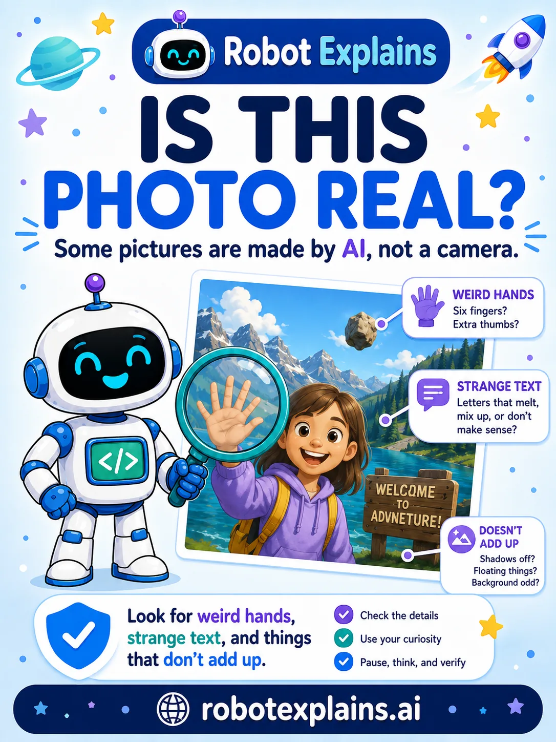 Infographic: Is This Photo Real? A robot with a magnifying glass inspects a too-perfect image, finding clues like a hand with six fingers, melty text, and an impossible background.