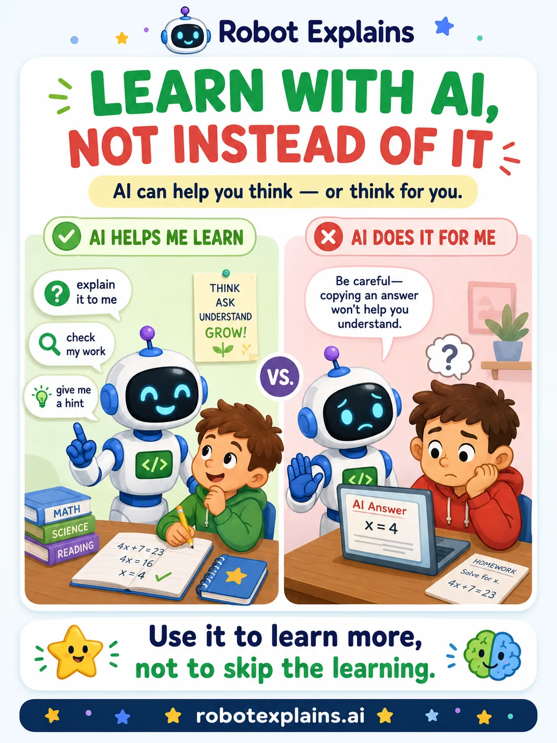 Infographic: Learn With AI, Not Instead of It. On one side a robot helps a kid understand and check work; on the other, a kid copies an answer without learning.