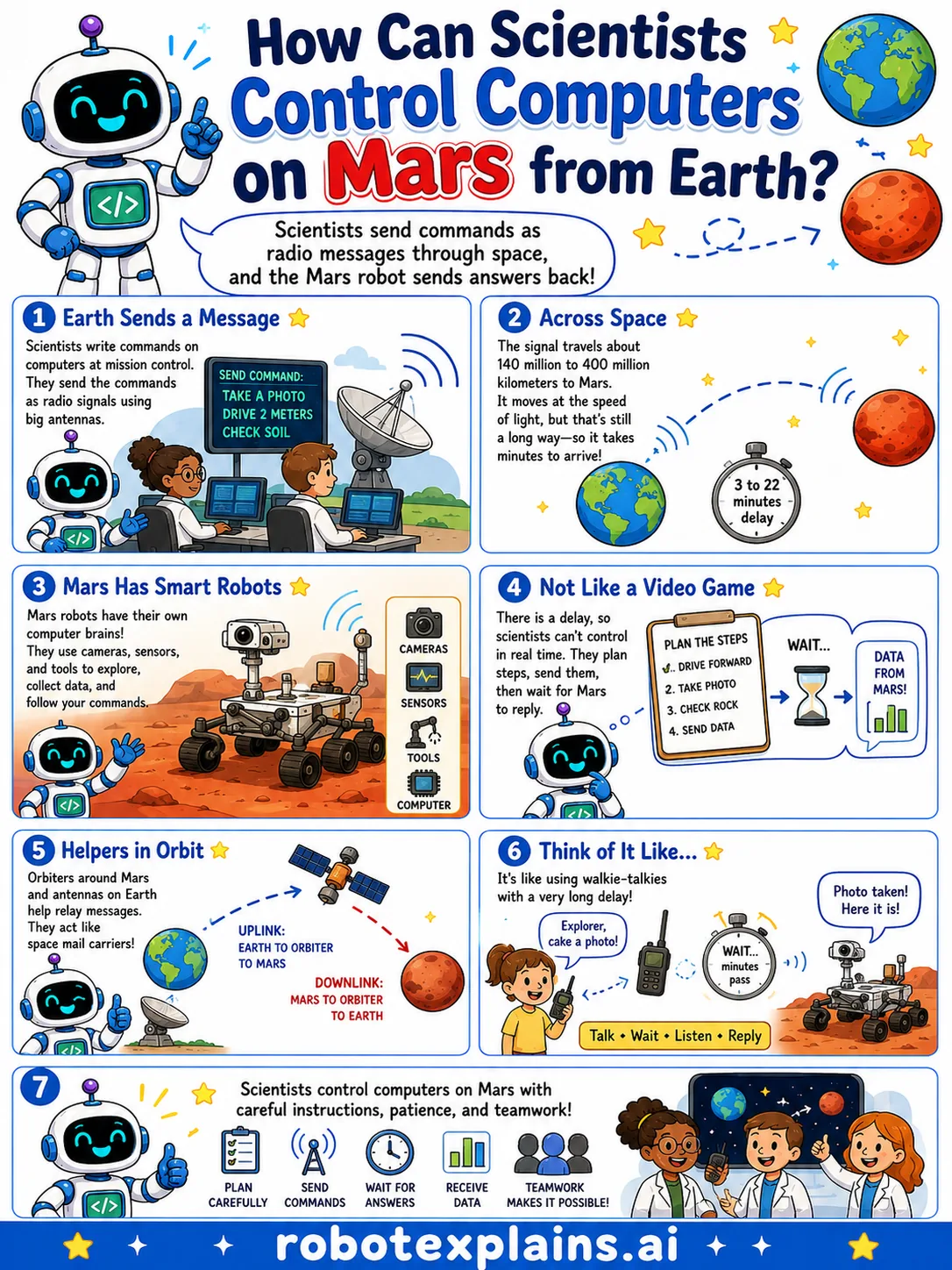 Infographic: How Do Scientists Control Computers on Mars? It shows commands sent by radio across space with a time delay.