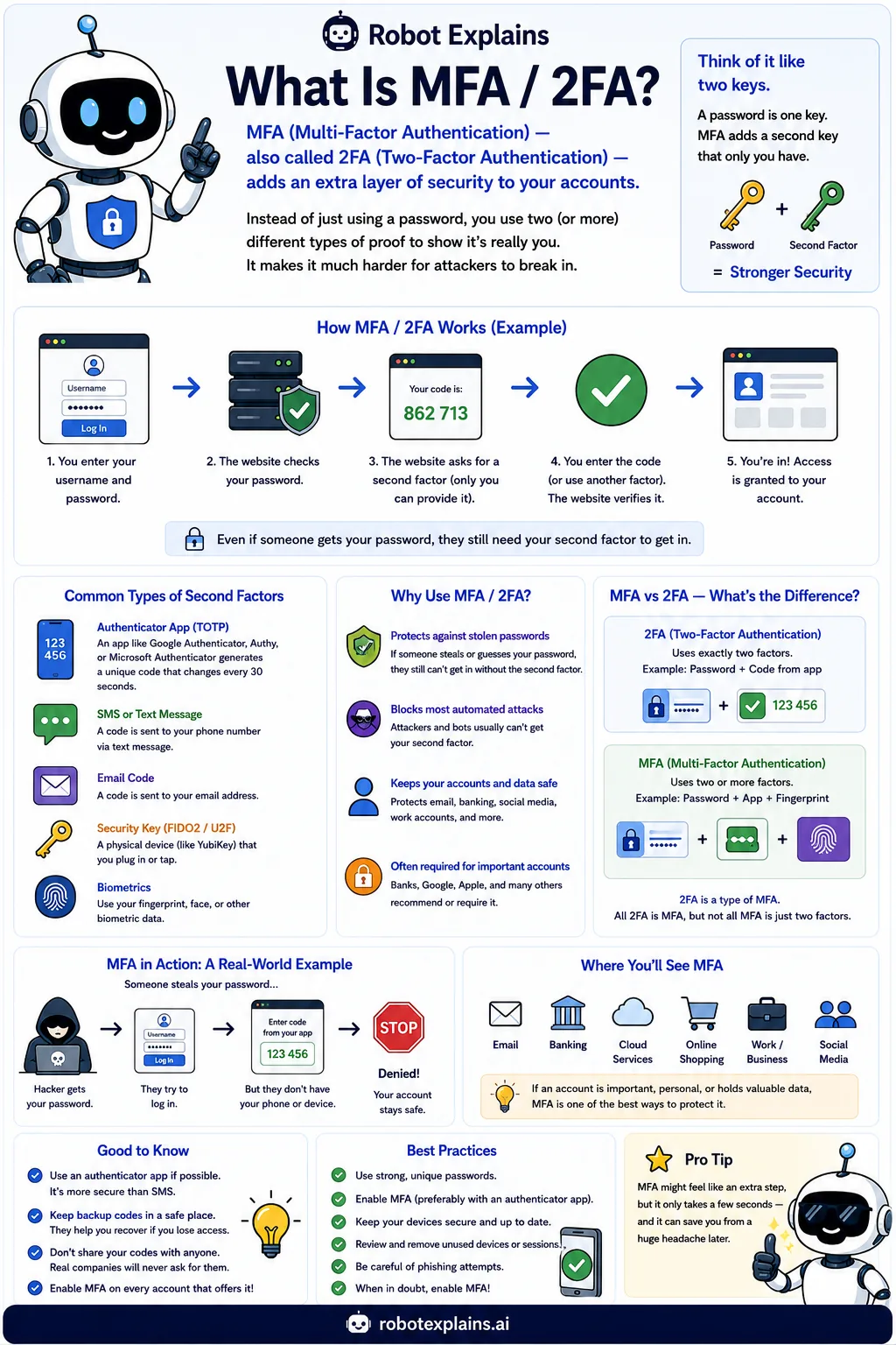 Infographic: What Is MFA / 2FA?. Adding a second key so a password alone is not enough.
