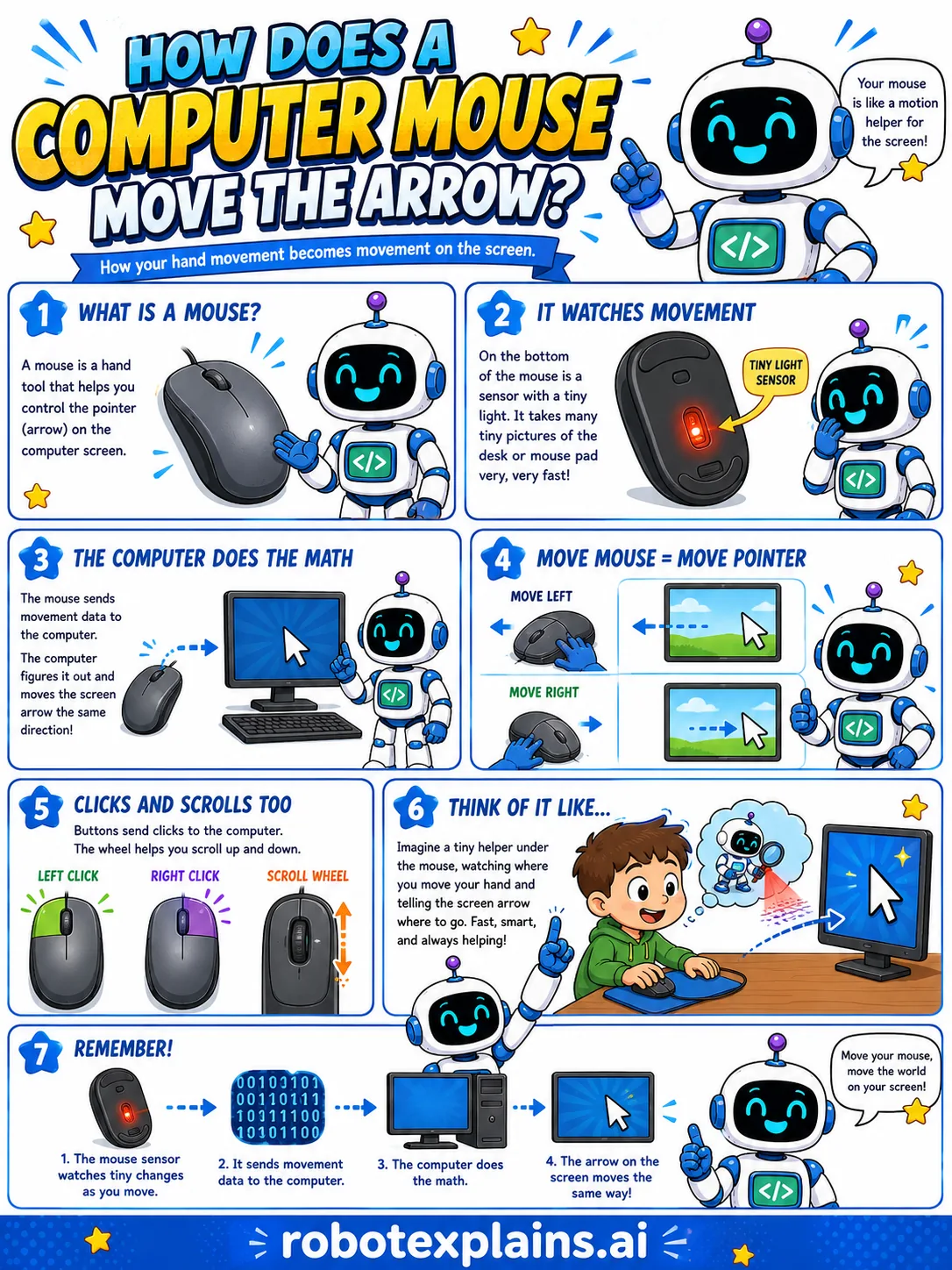 Infographic: How Does a Computer Mouse Move the Arrow? It shows a light sensor tracking movement that moves the cursor.