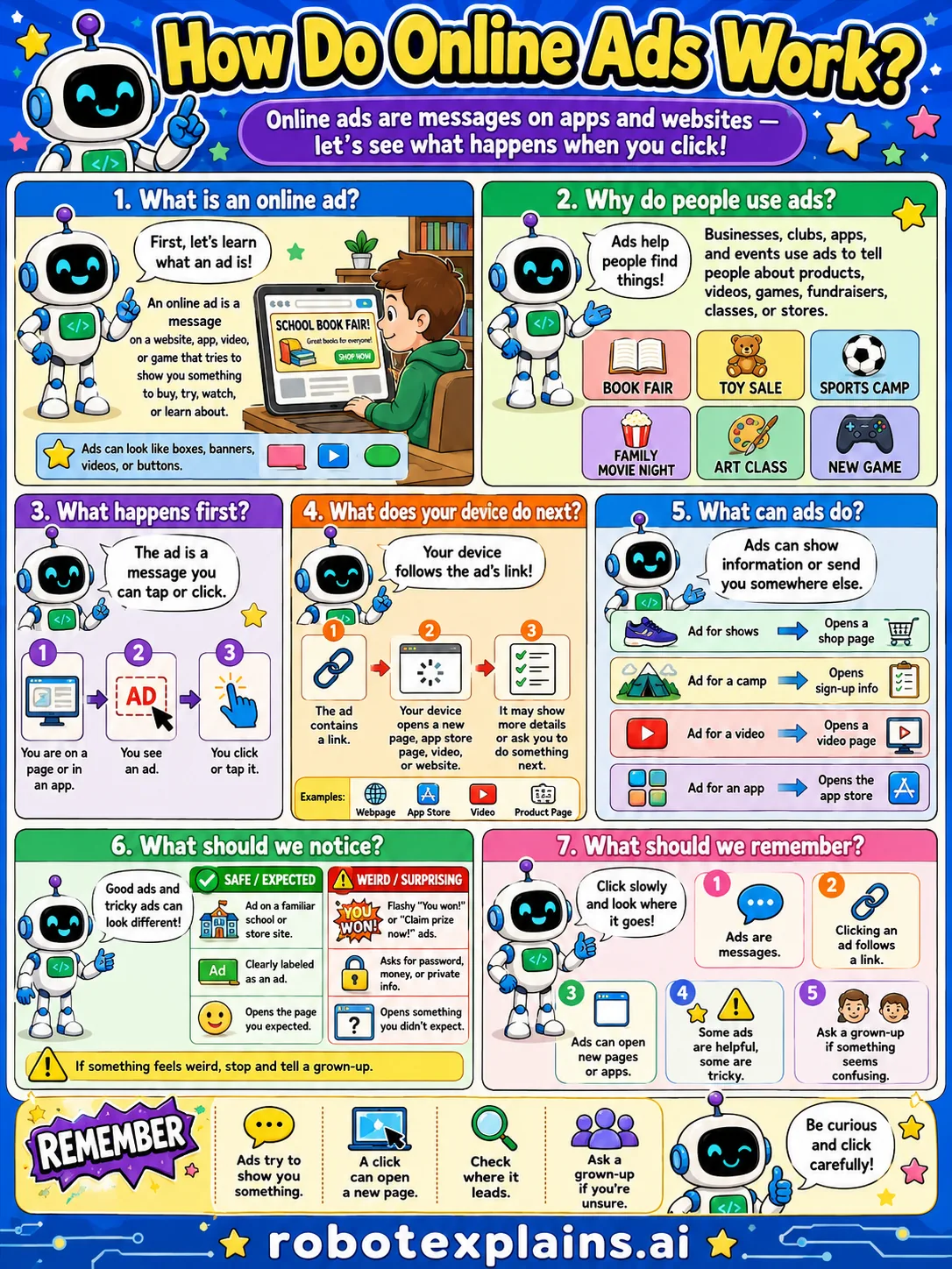 Infographic: How Do Online Ads Work? It shows an ad as a clickable message that sends your device to a link.