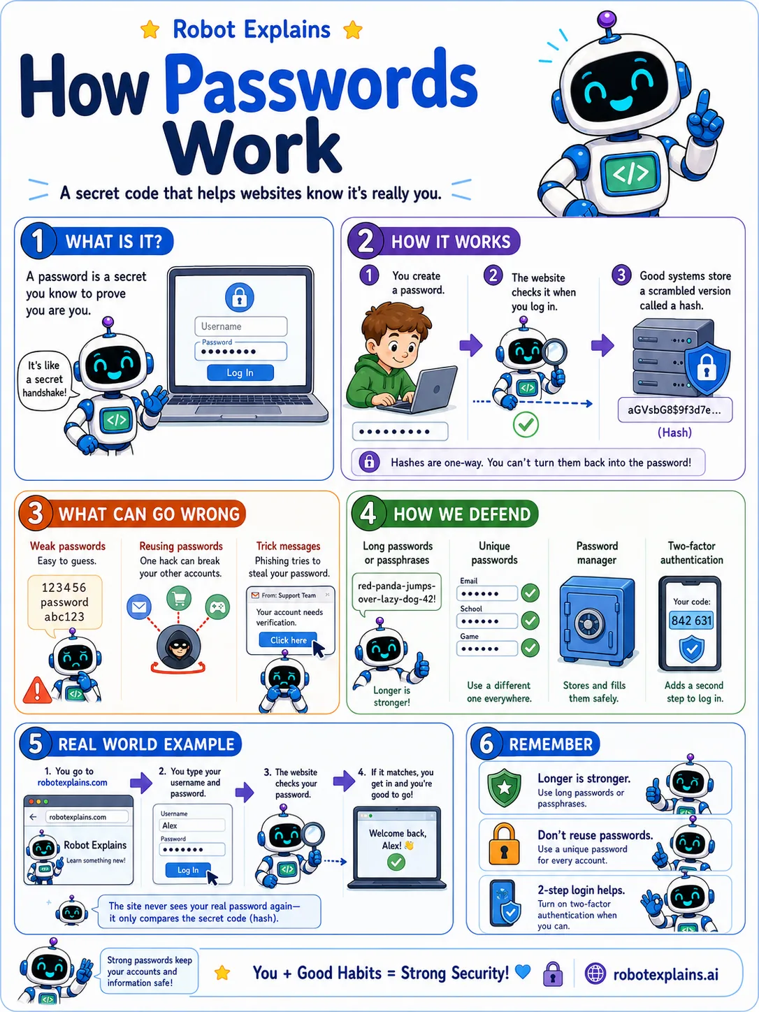 Infographic: How Passwords Work. A secret code that helps websites know it is really you.