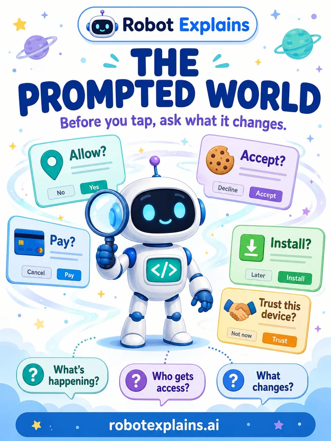 Illustrated poster: The Prompted World — screens are always asking you to allow, accept, install, or pay. Before you tap, ask what's happening, who gets access, and what changes.