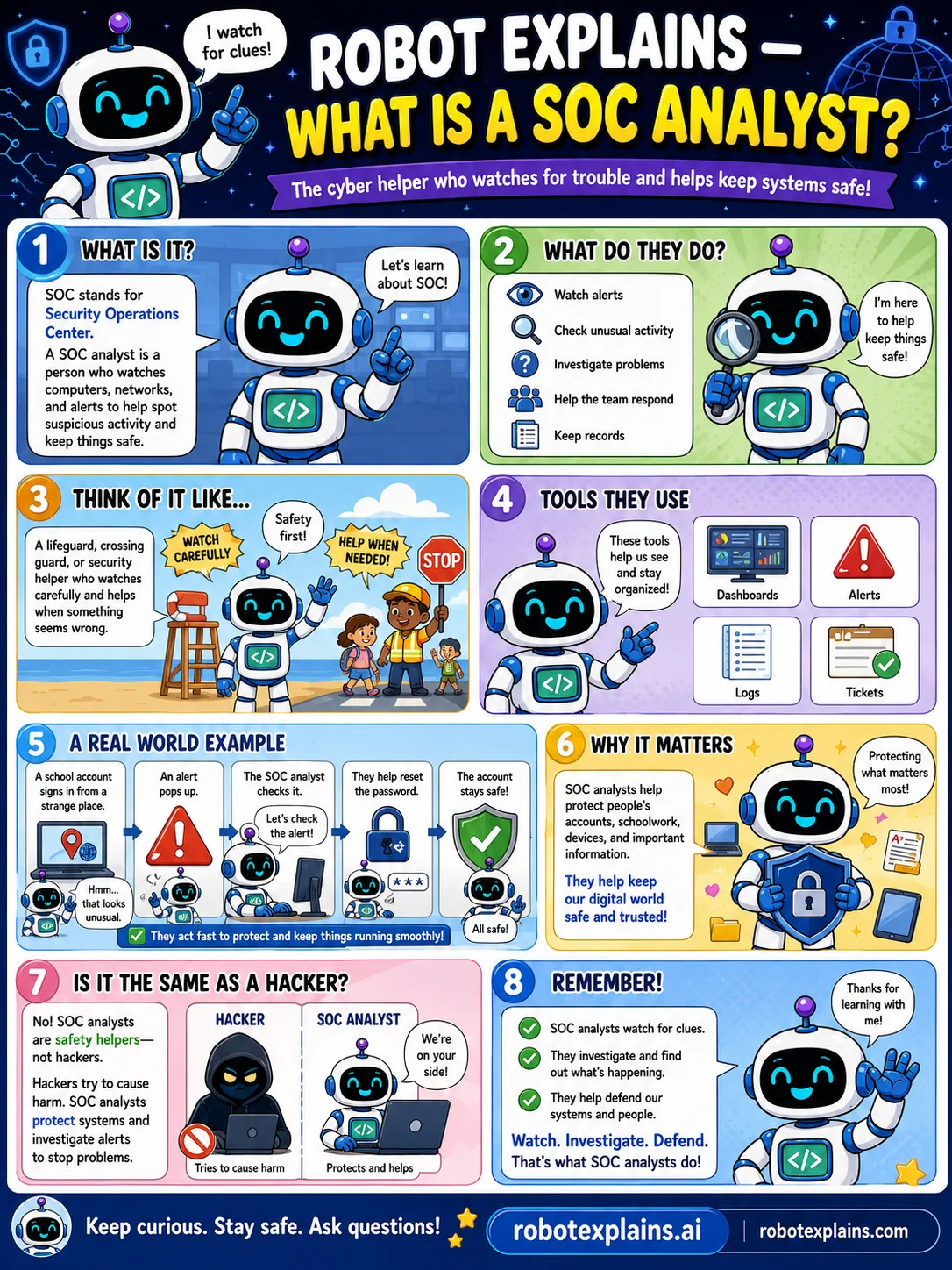 Infographic: What Is a SOC Analyst? It shows a cyber helper watching alerts and responding to keep systems safe.
