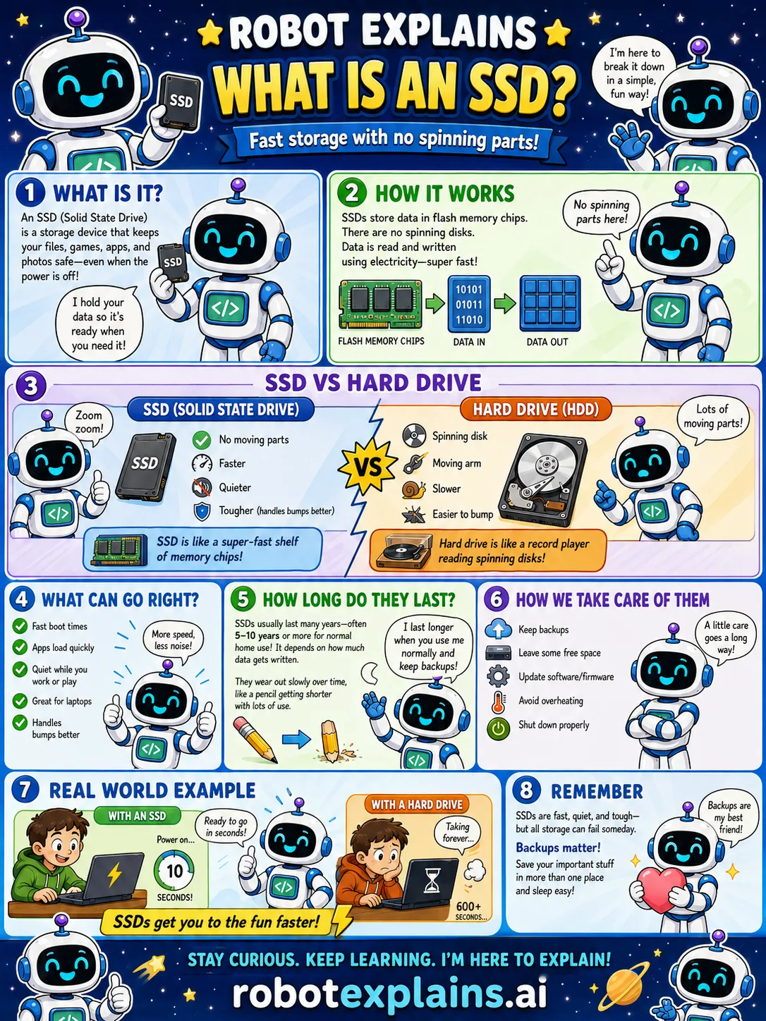 Infographic: What Is an SSD?. Fast storage with no spinning parts.