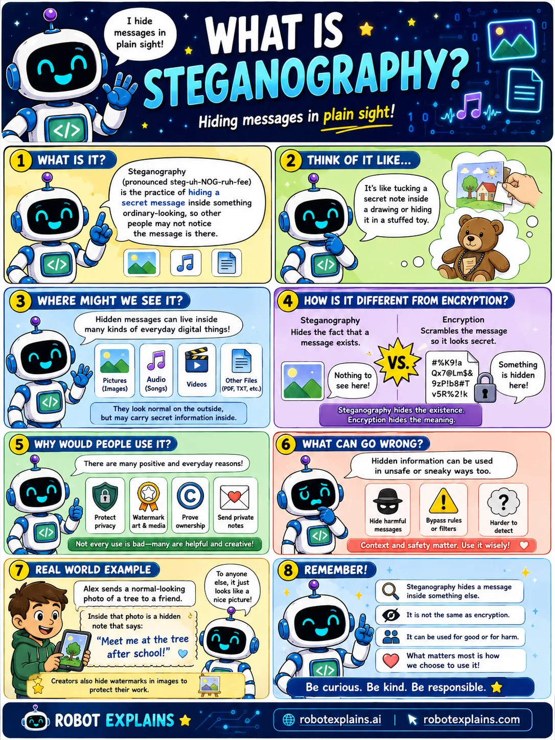 Infographic: What Is Steganography? It shows a hidden message tucked inside an ordinary-looking picture.