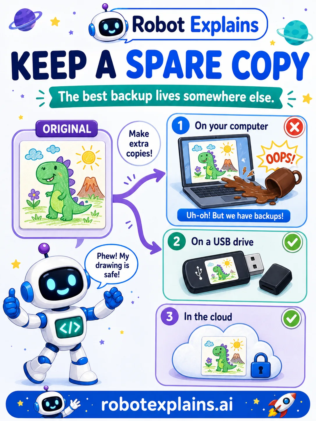 Illustrated poster: Build a Tiny Backup Plan — keep spare copies of your files in another place (USB, cloud) so one accident can't erase them.