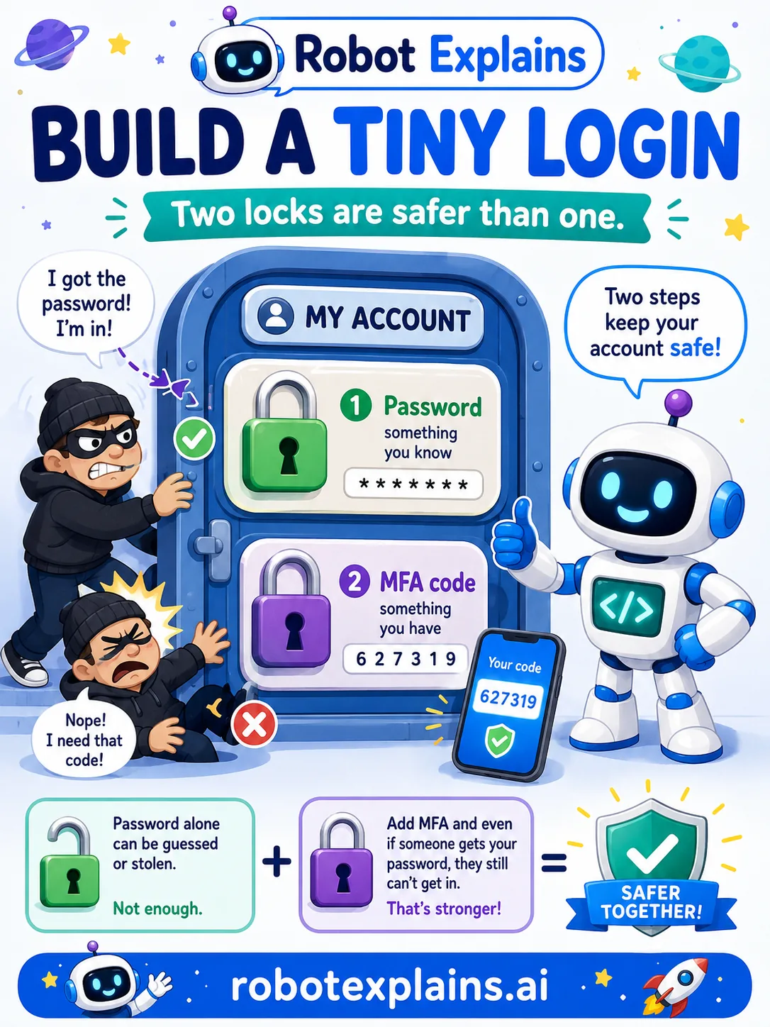 Illustrated poster: Build a Tiny Login — protect your account with a password plus a second step (MFA) that stops a hacker who stole your password.