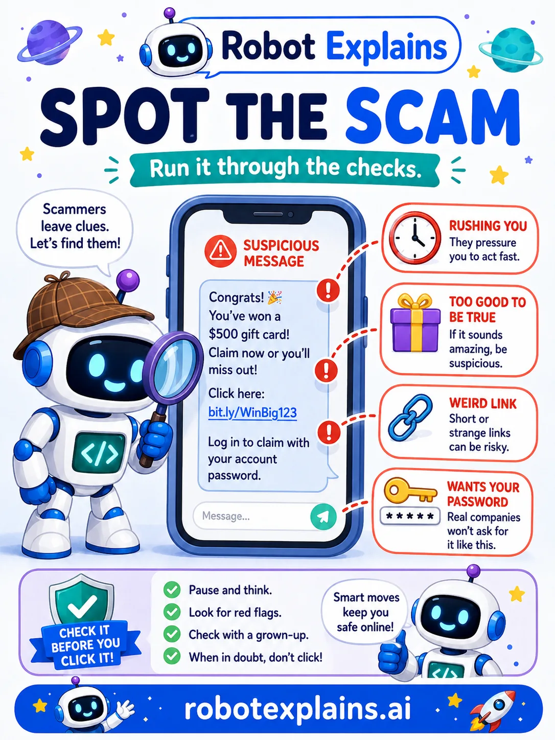 Illustrated poster: Build a Tiny Scam Detector — spot the red flags in a message: it rushes you, seems too good to be true, has a weird link, or asks for your password.