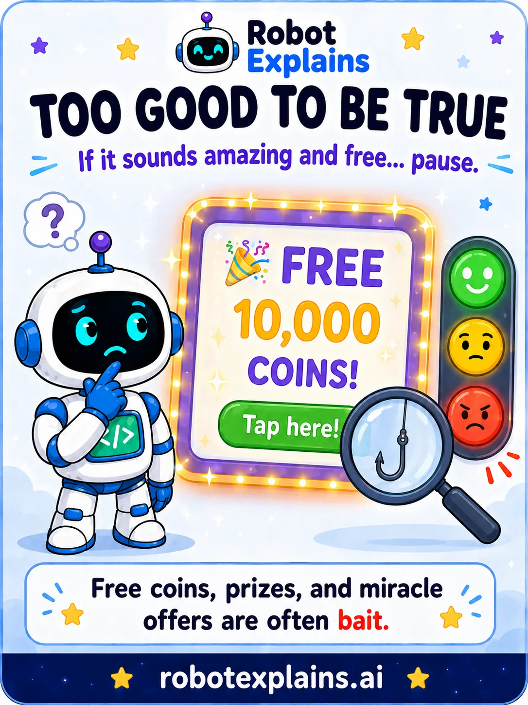 Infographic: Too Good to Be True. A thoughtful robot looks at a shiny FREE 10,000 COINS offer while a magnifying glass reveals a hook hidden behind it.