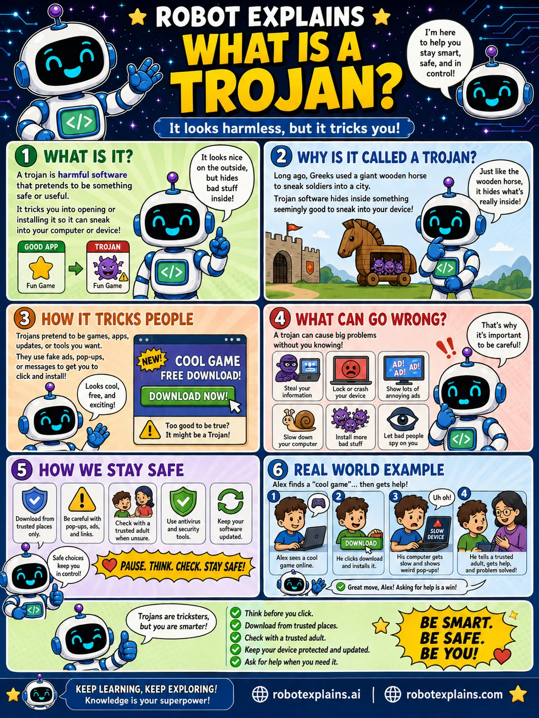 Infographic: What Is a Trojan? It shows harmful software disguised as a safe app, like the Trojan horse.