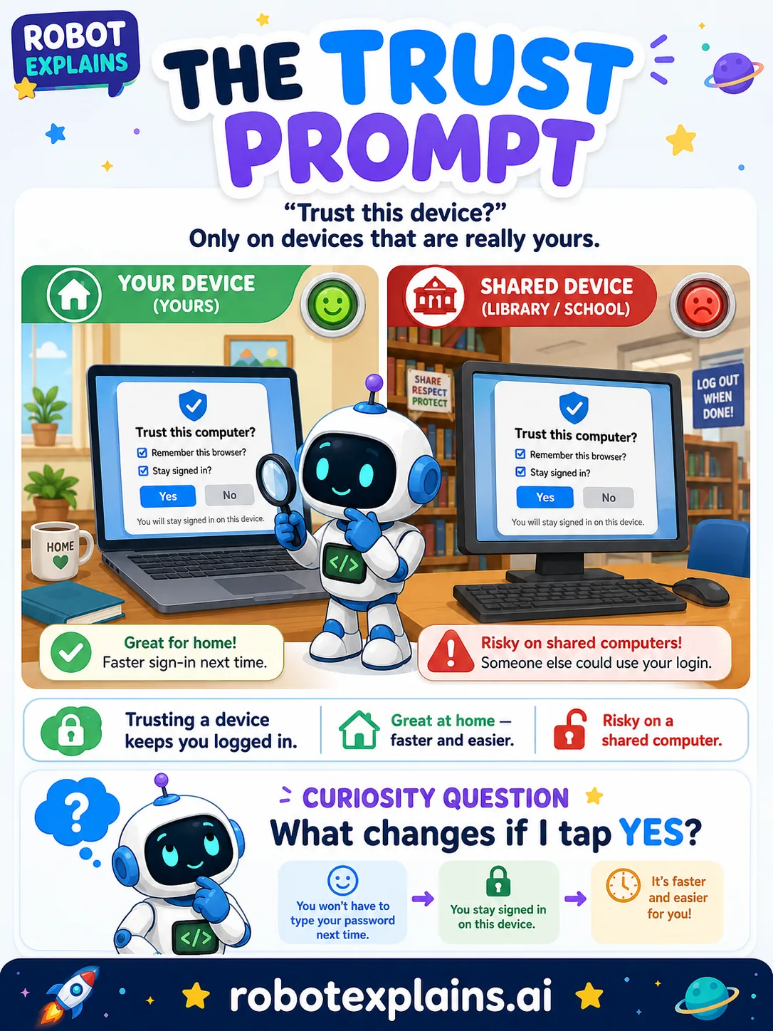 Infographic: The Trust Prompt. A robot decides on a screen reading Trust this computer and Stay signed in, choosing yes for a home device and no for a shared public computer.