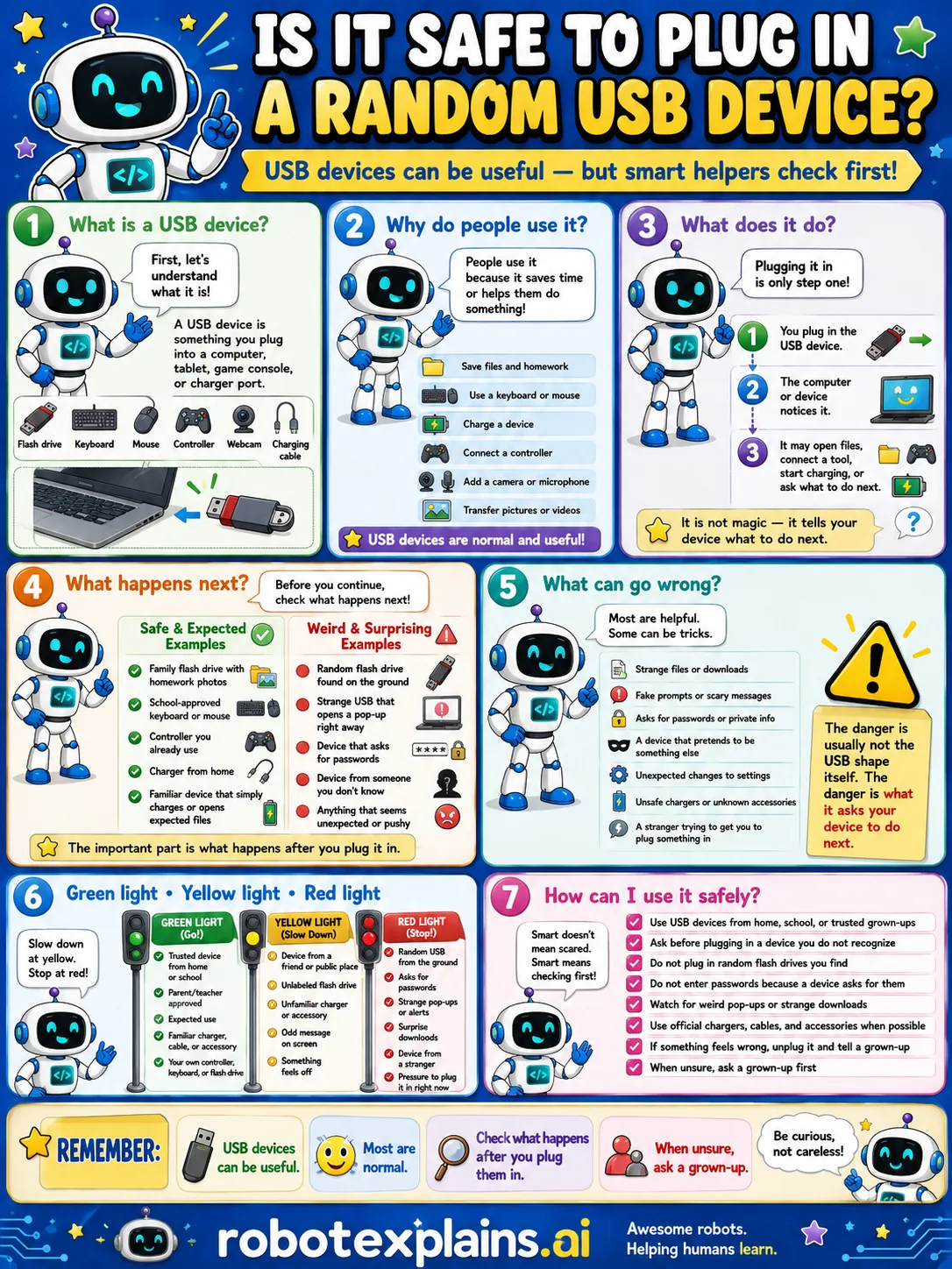 Infographic: Is It Safe to Plug In a Random USB Device? It shows avoiding found or unknown USB devices.