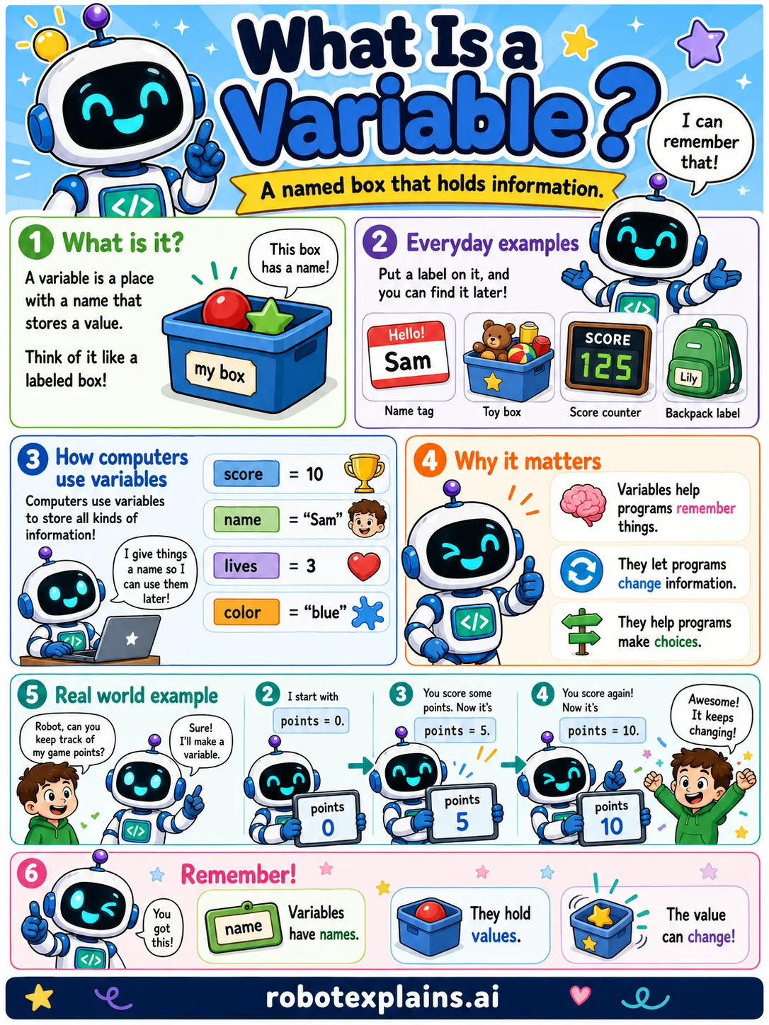 Infographic: What Is a Variable?. A named box that holds information.