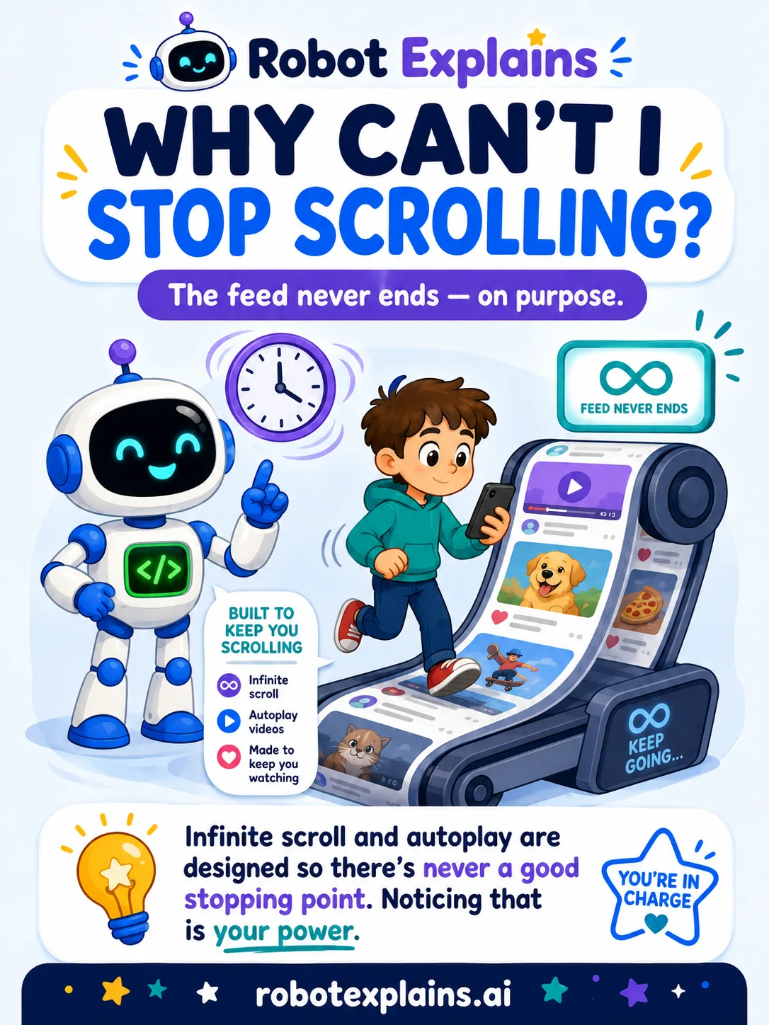 Infographic: Why Can't I Stop Scrolling? A robot on a treadmill of endless content with a spinning clock, showing that the feed is designed to never end.
