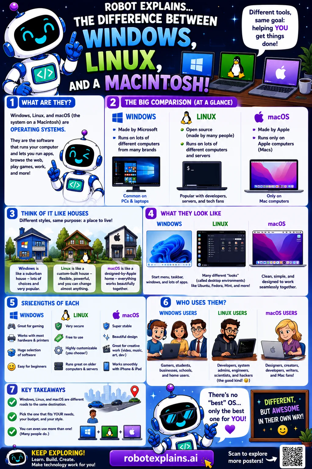 Infographic: Windows, Linux, and macOS. The three big operating systems, and how they're different.