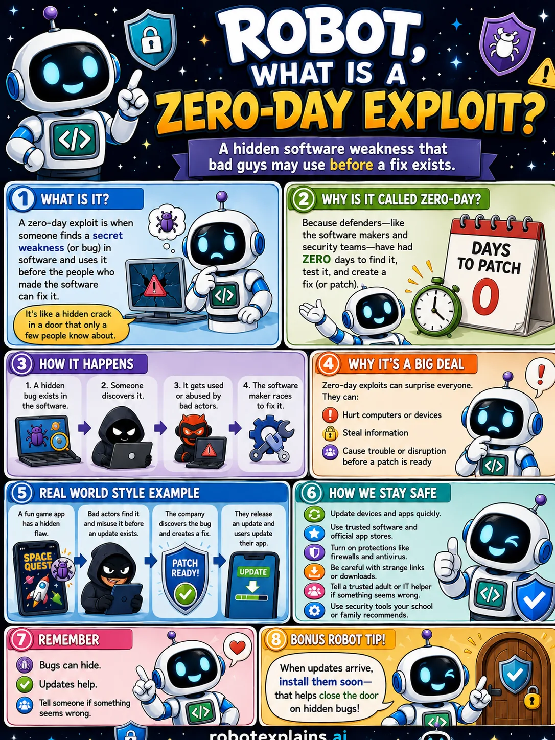 Infographic: What Is a Zero-Day Exploit?. A hidden software weakness bad guys may use before a fix exists.