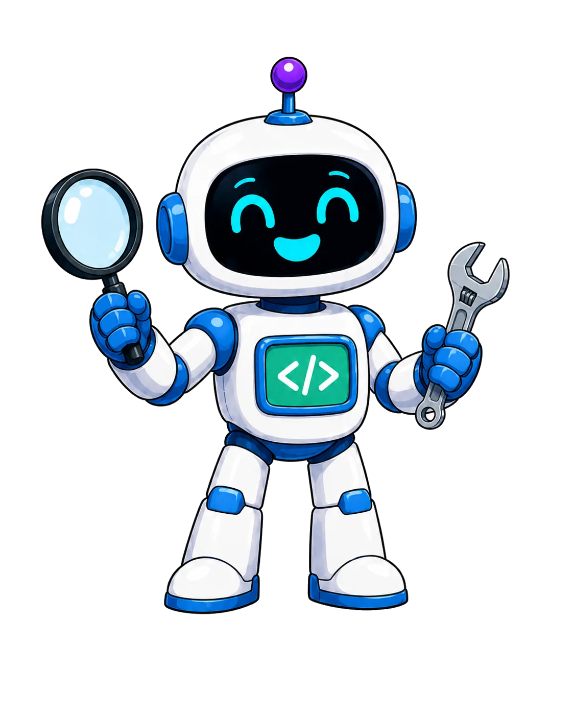A friendly robot holding a magnifying glass and wrench, ready to fix issues.