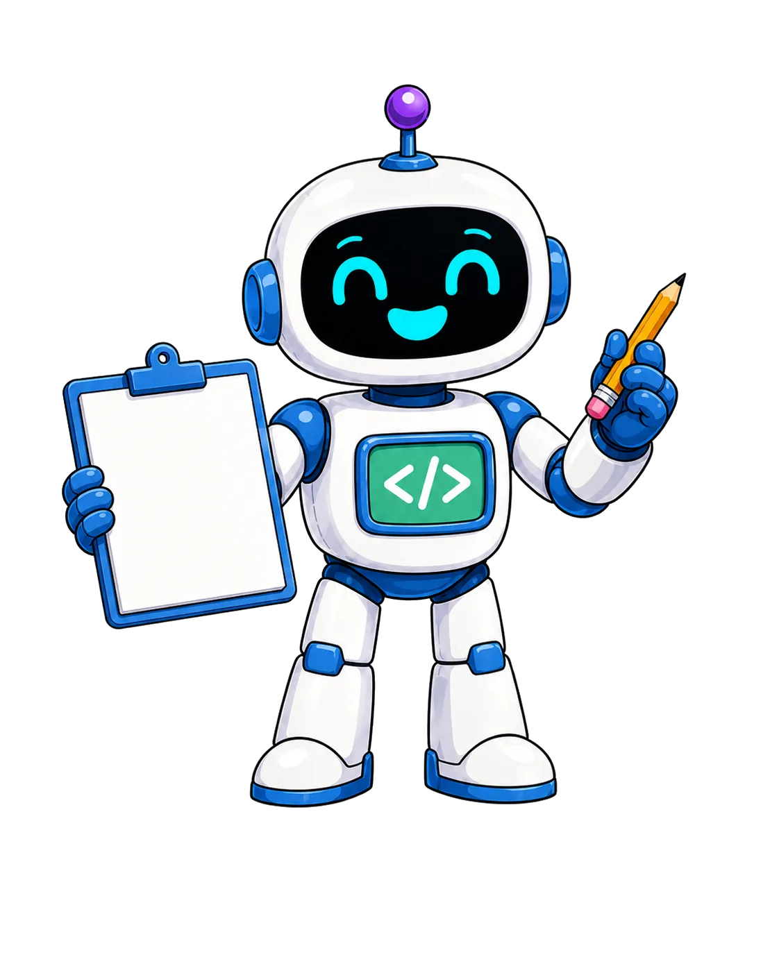 A friendly robot holding a clipboard and pencil for lesson requests.